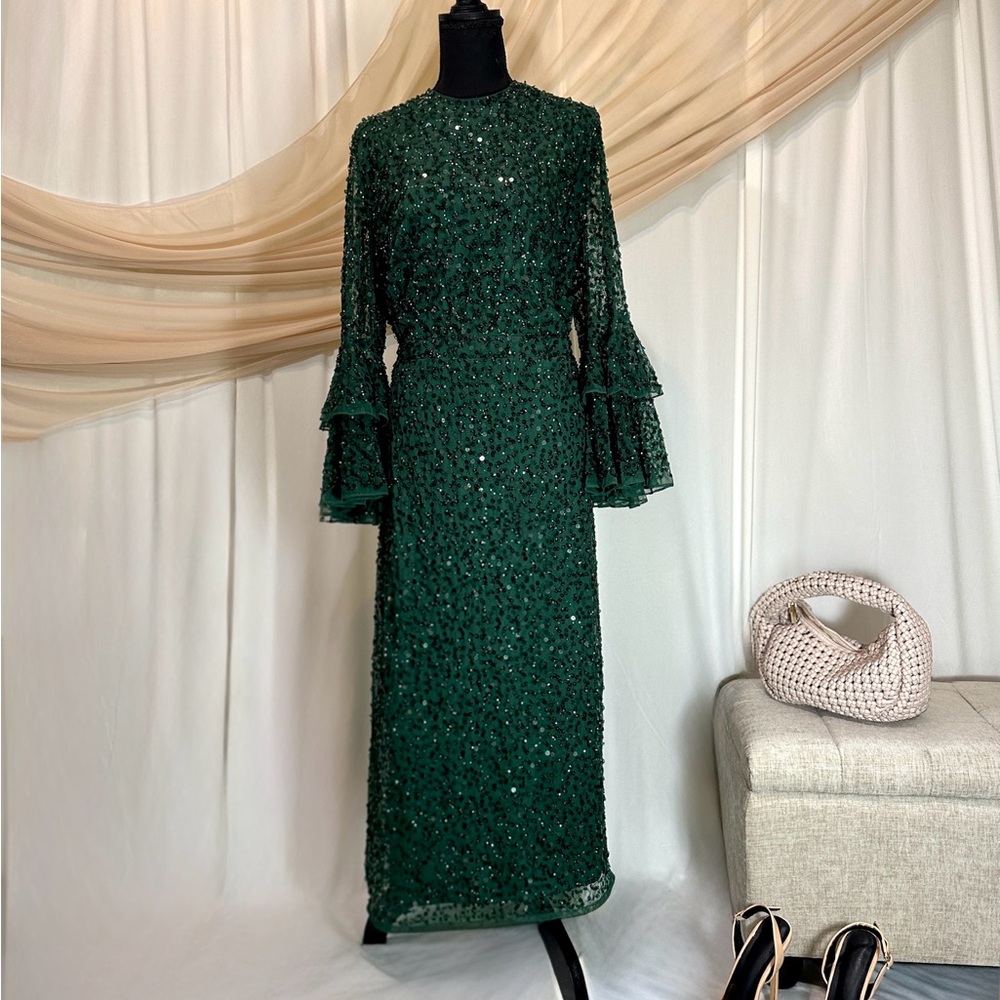 Mac Duggal Emerald Sequin Midi Dress with Bell Sleeves